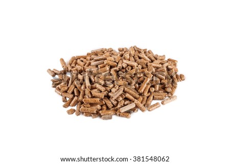 Isolated on white round pile of wooden pellets (alternative fuel) disposed on center