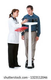 Isolated On White Series Featuring A Caucasian Female Doctor And A Male Patient In A Variety Of Poses With Props.