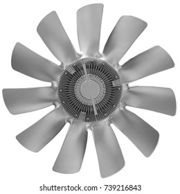 Isolated On White Silver Metal Air Screw Of Truck Diesel Engine. Car Truck Diesel Engine Fan Airscrew. Silver Metal Fan. Car Truck Tractor Engine Fan Blades. Car Truck Details Parts Car Details Parts