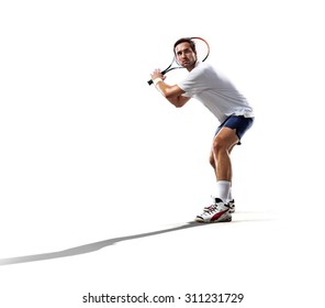 isolated on the white young man is playing tennis 