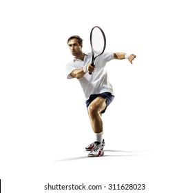 isolated on the white young man is playing tennis 