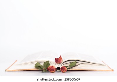 Isolated Open Book With Withered Roses. Side View.