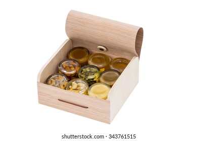 Isolated Opened Wood Box With Honey Glass Jam On White Background