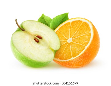 Isolated orange and apple. Halves of green apple and orange fruit isolated on white background with clipping path