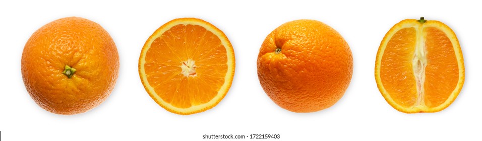 Isolated oranges. Collection of whole and sliced orange fruits isolated on white background - Shutterstock ID 1722159403