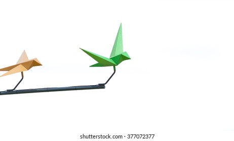 Isolated origami birds with stick on steel looks like flying with white background