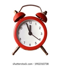 An Isolated Over White Background Image Of A Red Alarm Clock Displaying A Time Of Five Minutes To Twelve Oclock.