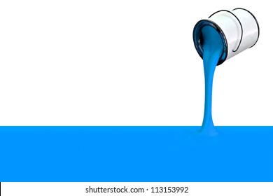 An Isolated Paint Can Pouring Blue Ink On White Background