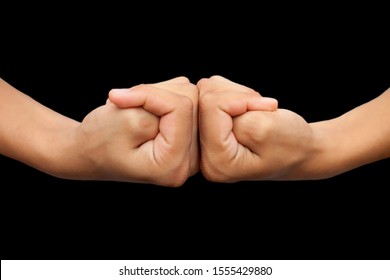 Isolated Pair Of Hands Of A Male Teenager On Black Background Doing Brahma Yoga Mudra.Horizontal Shot.