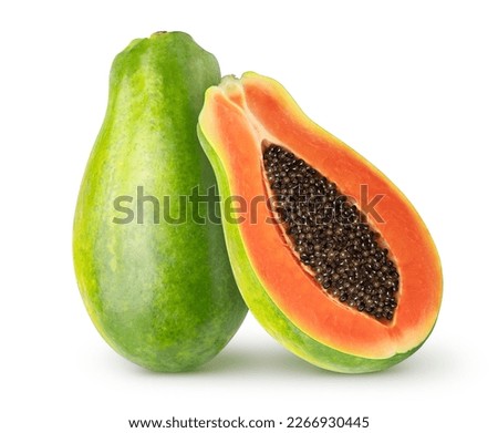 Isolated papaya. Whole papaya fruit and half with seeds isolated on white background with clipping path