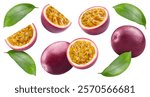 Isolated passion fruit. Passion fruits and maracuya leaves isolated on white background with clipping path