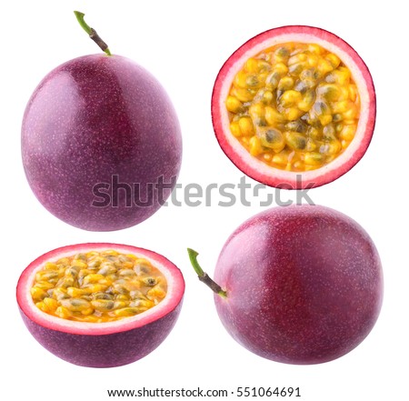 Isolated passionfruit. Collection of whole and cut passion fruits (maracuya) isolated on white background with clipping path
