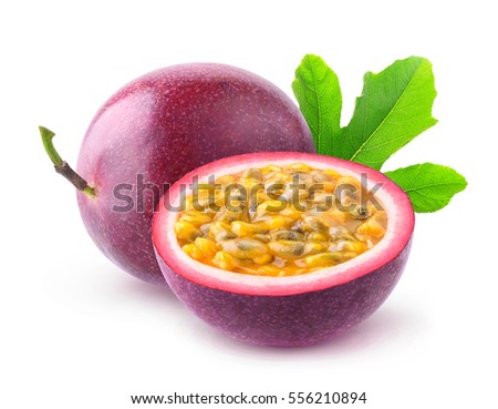 Isolated passionfruits. One and a half passion fruits (maracuya) isolated on white background with clipping path