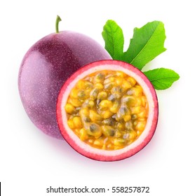 Isolated Passionfruits. One Whole Passion Fruit (maracuya) And A Slice Isolated On White Background With Clipping Path