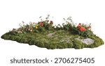 Isolated patch of mossy ground with small colorful wildflowers and grass growing naturally, creating miniature landscape element for environmental visualization projects