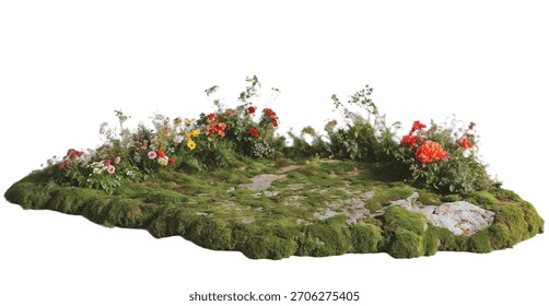 Isolated patch of mossy ground with small colorful wildflowers and grass growing naturally, creating miniature landscape element for environmental visualization projects