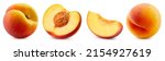 Isolated peach collection and peach slice. Peach set on white background with clipping path. As design element.