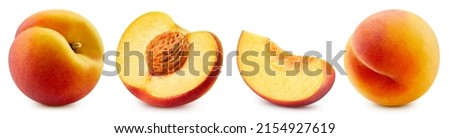 Isolated peach collection and peach slice. Peach set on white background with clipping path. As design element.