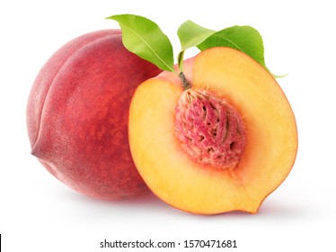 Isolated peach fruits. One whole fresh peach and a half with kernel and leaves isolated on white background with clipping path