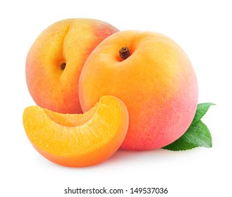 Isolated Peaches. Two Fresh Peach Fruits And A Wedge Isolated On White Background