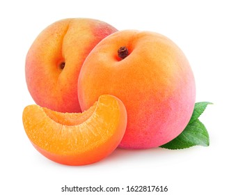 Isolated Peaches. Two Fresh  Peach Fruits And A Wedge Isolated On White Background.
