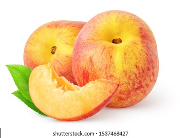 Isolated Peaches. Two Whole Peach Fruits And A Slice With Leaves Isolated On White Background, With Clipping Path