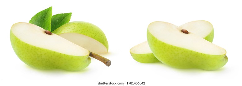 Isolated pear pieces. Two slices of green pear fruit isolated on white background - Shutterstock ID 1781456342