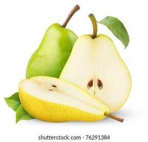 Isolated pears. Cut green and yellow pear fruits isolated on white background - Shutterstock ID 76291384