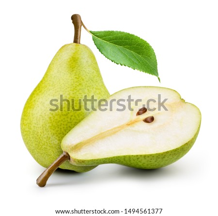 Isolated pears. One and a half green pear fruit isolated on white background.