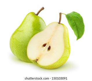 Isolated pears. One and a half yellow and green pear fruits isolated on white background - Shutterstock ID 150103091