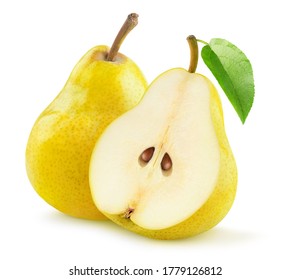 Isolated pears. One and a half yellow pear isolated on white background