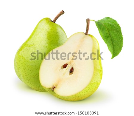 Isolated pears. One and a half yellow and green pear fruits isolated on white background