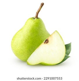 Isolated pears. Whole green pear fruit and a piece with leaves isolated on white background with clipping path - Shutterstock ID 2291007553