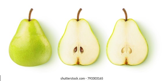 Isolated pears. Whole yellow green pear fruit and two halves in a row isolated on white background with clipping path - Shutterstock ID 793303165