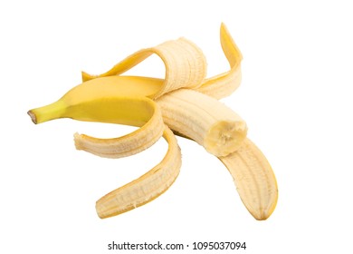 Isolated. A peeled and bitten banana in a peel on a white background. 
