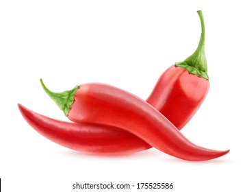 Isolated peppers. Two red hot chili peppers isolated on white background