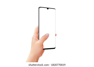 Isolated Phone Mockup In Woman Hand With Thumb Finger On Display Screen. Side Position Of Smart Phone. Scroll Concept