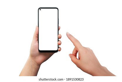 Isolated phone, woman holding and touch hand. Modern smart phone with round edges. Isolated screen for app presentation - Shutterstock ID 1891530823