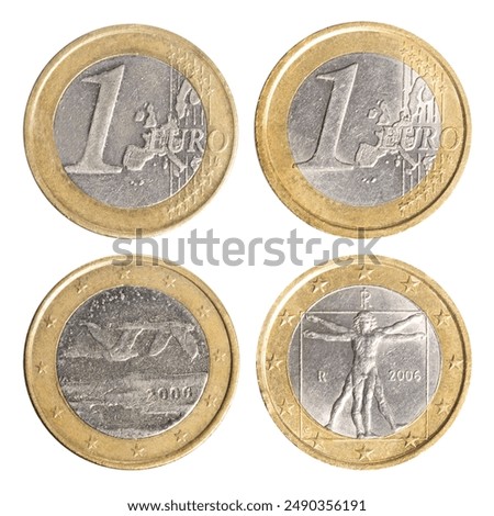 Isolated photo of 1 Finland and Italian euro bi-metal coin on white background.