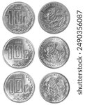 Isolated photo of 10 Mexican 1997 and 1999 centavos stainless steel coins on white background.