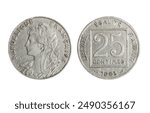 Isolated photo of 25 French 1903 centimes nickel coin of Third Republic 1872-1941 on white background.