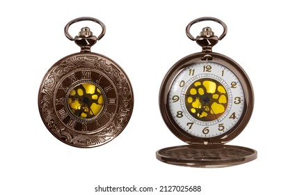 Isolated photo of antique old fashioned pocket watch opened and closed on white background. - Powered by Shutterstock