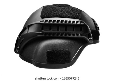 Isolated Photo Of A Black Soldier Helmet Side View.