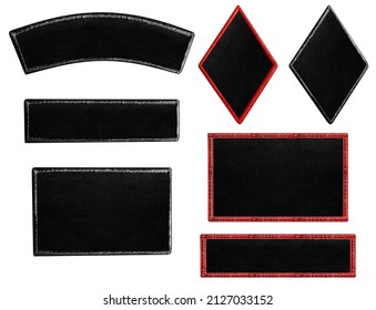 Isolated photo of blank biker cloth patches in different shapes on white background.
