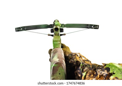 Isolated Photo Of A First Person View Hunter Hand In Forest Camouflaged Suit Holding Crossbow On White Background Front View.