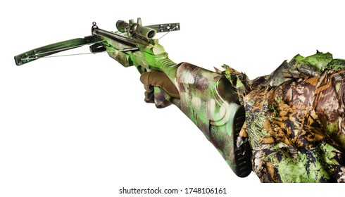 Isolated Photo Of A First Person View Hunter Hand In Forest Camouflaged Suit Holding Crossbow On White Background Side View.