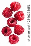 An isolated photo of five red raspberries falling down on a white background. 