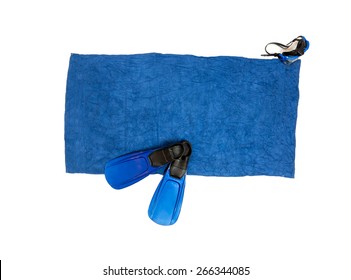 Isolated Photo Of Flippers And Snorkeling Mask Lying On Blue Beach Towel