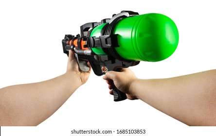 Isolated Photo Of Hands Holding A Plastic Multi-colored Water Gun On White Background First Person View.