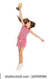 Isolated Photo Of Happy Active Girl Reaching High For Trophy Cup